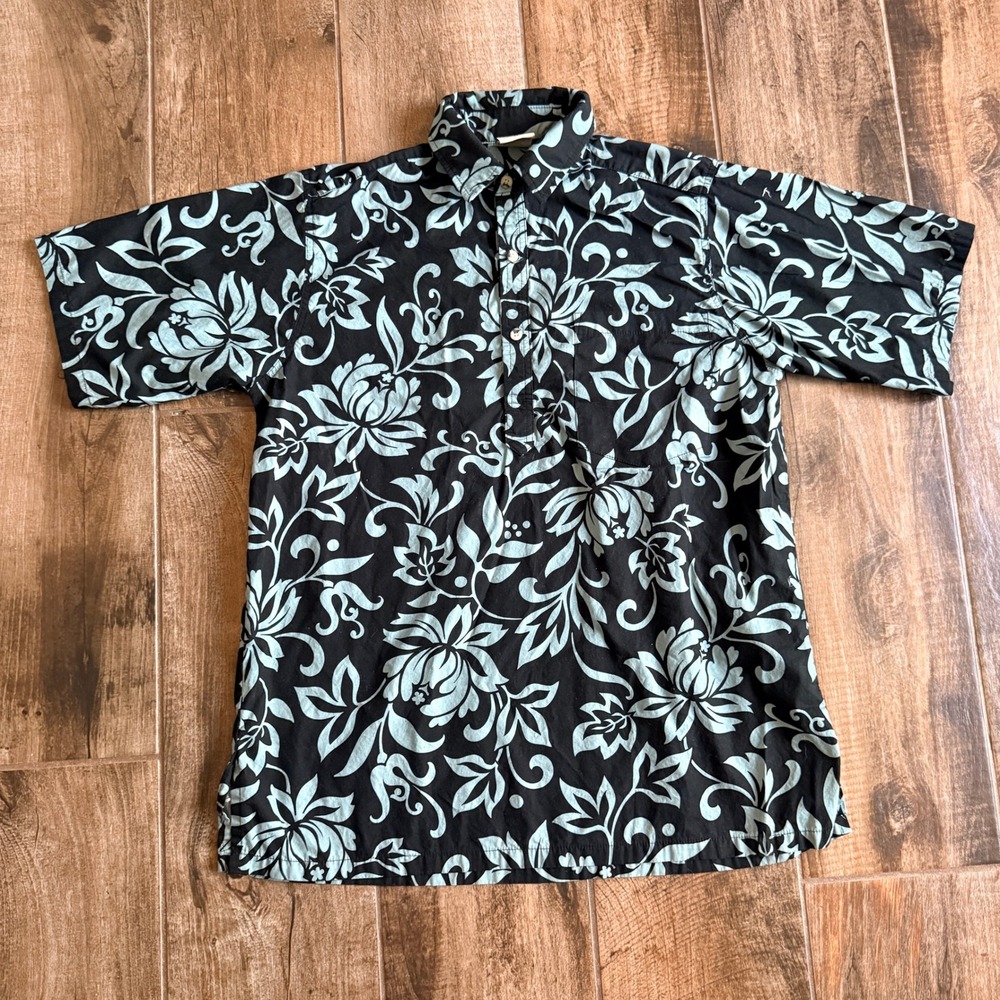 Go Barefoot VTG Abstract Hibiscus Reverse Print Popover Shirt, Black Blue,M